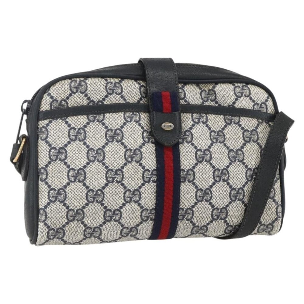 Authentic GUCCI GG Supreme Sherry Line Shoulder Bag PVC Navy Gold 89 02 055